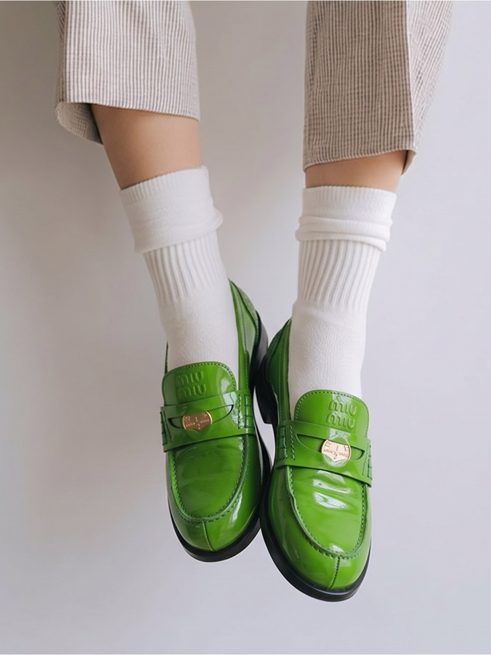 MiuMiu Green Patent Leather Penny Loafers, Size 38